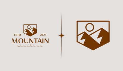 Mountain Hill Top Sun Rays monoline. Universal creative premium symbol. Vector sign icon logo template. Vector illustration