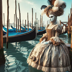 Woman wearing a Venetian Mask Near the Gondolas in the Sea - Victorian Style