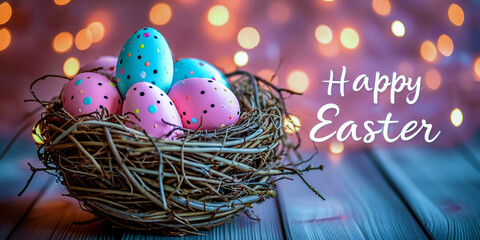 Easter eggs in a nest of thin twigs and the inscription "Happy Easter" on the background of garland lights. These colorful eggs in red, blue, yellow tones create a festive atmosphere