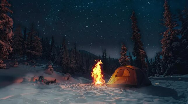 tent and bonfire on melting snow with sparks and particles in front of pine trees and starry sky, Seamless looping 4k time-lapse virtual video animation background. Generated AI