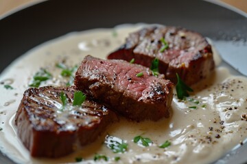 Beef steak with pepper sauce made of cream, beef broth, butter, minced garlic, shallots, clean background