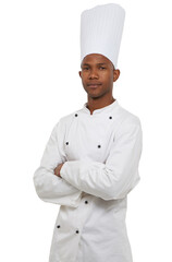 Portrait, black chef and arms crossed in studio in hospitality career, cooking job and small business entrepreneur. African man, confident and food industry and uniform with hat by white background