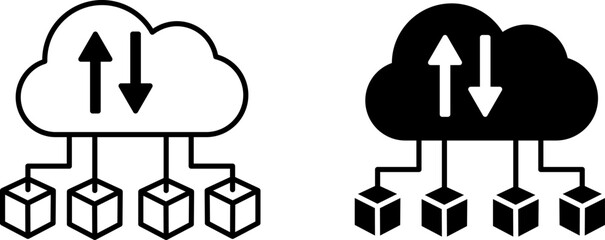 Cloud Computing Icons. Black and White Icons. Vector Illustration of Connections to Computer Cloud. Technology Concept