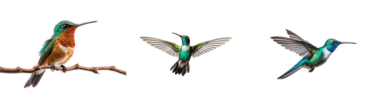 Colorful hummingbird set, soaring in the air, Isolated on Transparent Background, PNG