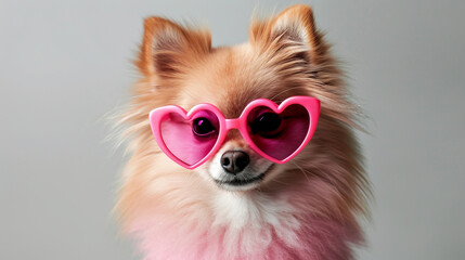 Cute dog in heart shape glasses. Love, Valentine's day concept. 