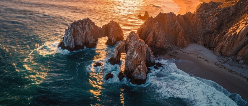 Sunset aerial photo reef of the Cabo San Lucas Arch California Sur