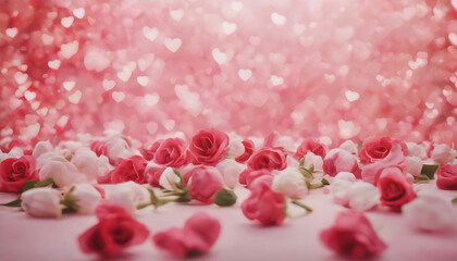 Obraz premium Valentine's day background with pink and white roses and hearts. Generative AI