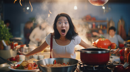 A startled woman in a kitchen with utensils and vegetables soaring around her, moment of surprise - obrazy, fototapety, plakaty