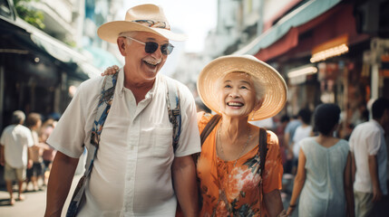Senior couple in hats laughing and enjoying a city walk together
