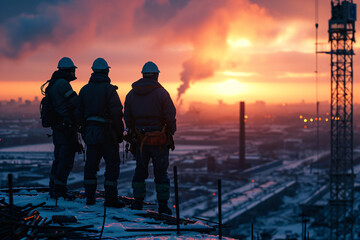 Silhouette of a team of business engineers at a construction site.Civil Engineer,labour worker.Building construction.
