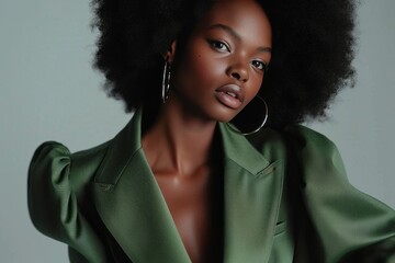 Close up portrait of young African American woman in green silk jacket against grey studio background. Beautiful sexy black model with afro hairstyle looks seductively at camera with her head tilted.