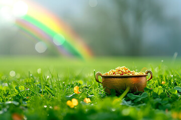 A pot of gold at the end of a rainbow, on a green field, St. Patrick’s Day, blurred background, with copy space - Powered by Adobe