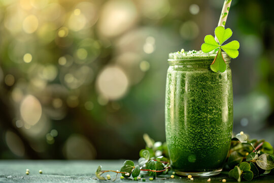 A green smoothie with a shamrock decoration, St. Patrick’s Day, blurred background, with copy space