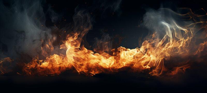 Abstract flames of fire with burning smoke float up black background for display products