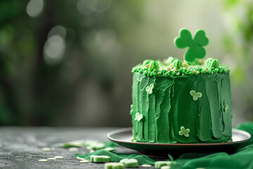 A green velvet cake with a shamrock design, St. Patrick’s Day, blurred background, with copy space