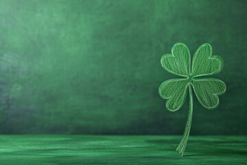 A green chalkboard with a hand-drawn shamrock and greeting, St. Patrick’s Day, blurred background, with copy space