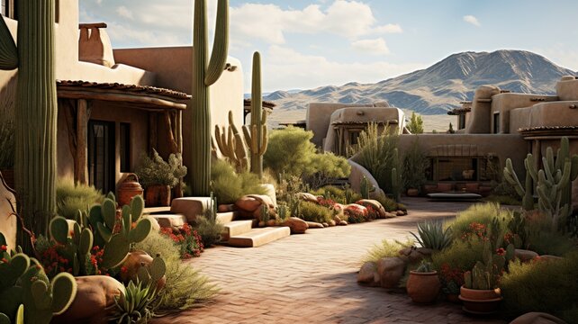 A traditional pueblo-style adobe house in the heart of a desert landscape, surrounded by cacti and mesas -Generative Ai