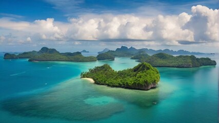 Fototapeta premium Reflecting the towering grandeur of the mountains, the serene lake below mirrors their beauty. Nestled amidst verdant valleys, the tranquil waters offer a serene escape. With each ripple.