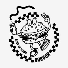 Hand drawn burger emblem sketch. Retro style vector illustration.