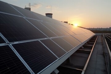 Panoramic view of solar panel equipment on a building roof at sunset, promoting clean and renewable energy production. Generative AI