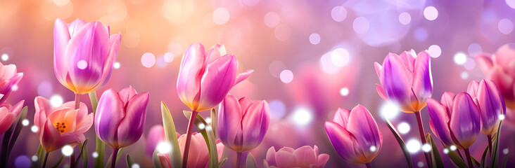 abstract background, close-up pink tulips and daffodils, light bronze and violet, light red and light gold - obrazy, fototapety, plakaty