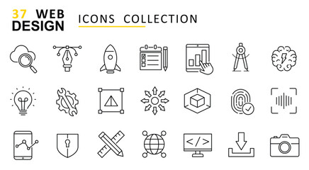 Line drawings of web design icons, including tools, ideas, and technology. 
