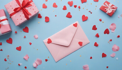 Valentine's day with envelope, gift box and hearts on blue background. Generative AI