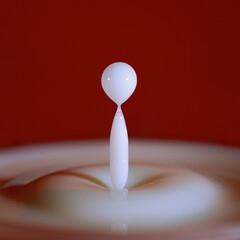 Closeup shot of a a drop of milk against a red backdrop