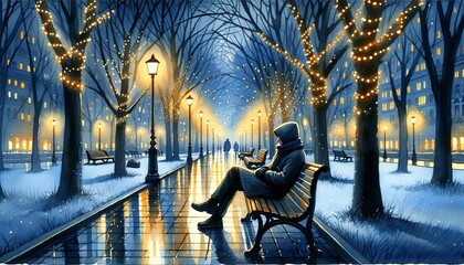 The image depicts a serene, snowy evening in a tree-lined park with twinkling lights.