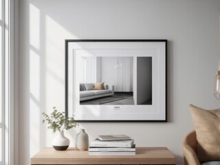 poster mockup Inside a room decorated with white walls, simple and elegant, installed on a white wall. Surrounded by decorative plant vases Placed neatly and cleanly.