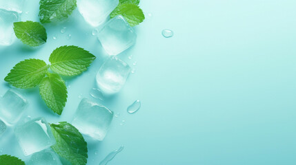 Top View of Refreshing Mint Leaves and Ice Cubes in Cool Water Drops on Pastel Blue - Summer Beverage Concept with Organic Botanicals and Vivid Abstract Nature