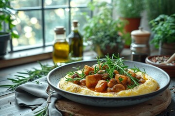 Close-up of wooden table with a plate of polenta and mushroom ragout, garnished with fresh greens and lit by sunlight. Cozy Italian restaurant with large windows overlooking beautiful garden. - obrazy, fototapety, plakaty