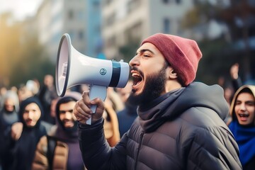 arabian moeslim Male activist protesting on megaphone during a strike with a group of demonstrators in the background