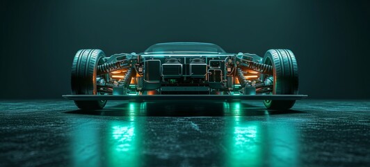 3D graphics rendering showing a fully developed prototype of an electric vehicle chassis, allowing you to see the layout of components and assemblies. Green neon lighting. Future is now. - obrazy, fototapety, plakaty