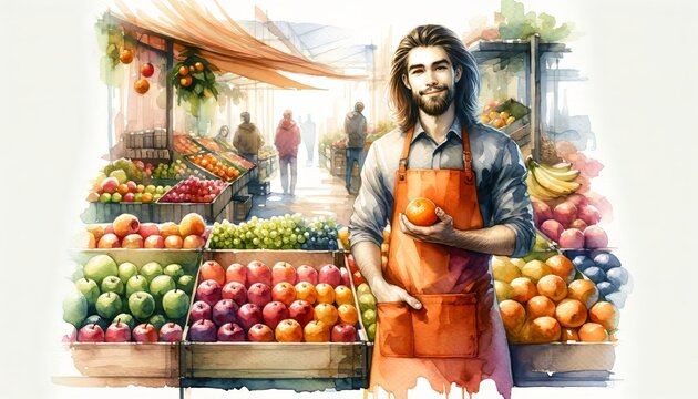 The image shows a friendly market vendor with fresh fruit stands around him.