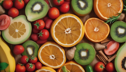 Variety of fruits and vegetables as a background, top view. Generative AI