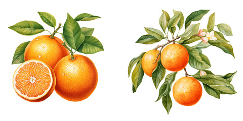 set of cliparts of oranges with leaves watercolor illustration png isolated on a transparent background, citrus clipart  - obrazy, fototapety, plakaty