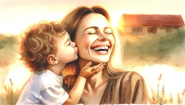 The image shows a joyous moment between a mother and her child in a warm embrace.