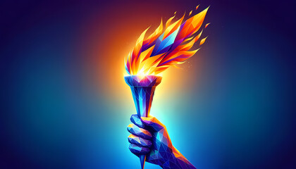 geometrically stylized hand holding a torch, with a bright and colorful flame rising from it