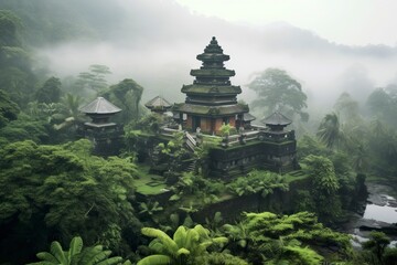 Fototapeta premium An ancient mystical temple nestled in a top of a misty mountain