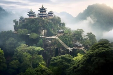 Naklejka premium An ancient mystical temple nestled in a top of a misty mountain