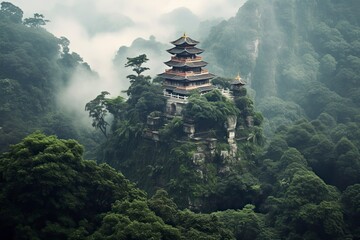 Naklejka premium An ancient mystical temple nestled in a top of a misty mountain