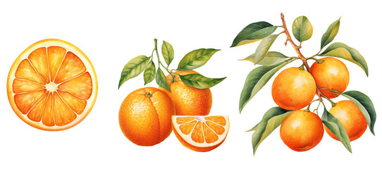 set of cliparts of oranges with leaves watercolor illustration png isolated on a transparent background, citrus clipart 