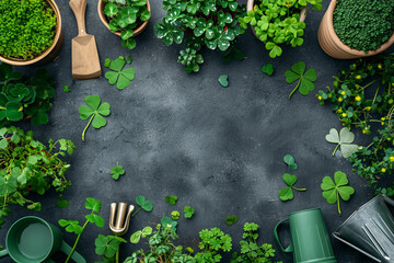 A top view of a gardening scene with green plants and shamrock decorations, St. Patrick’s Day, Flat lay, top view, with copy space
