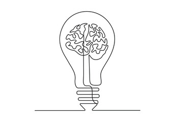 One continuous line drawing of lightbulb with human brain for medical company logo identity. Vector illustration. Pro vector
