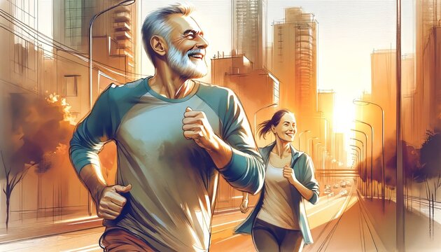 The image depicts an older man and a younger woman jogging in an urban setting.