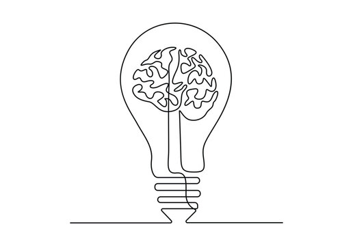 One continuous line drawing of lightbulb with human brain for medical company logo identity. Vector illustration. Pro vector