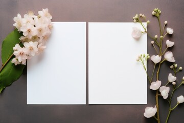 A white card with white spring flowers. Place for text