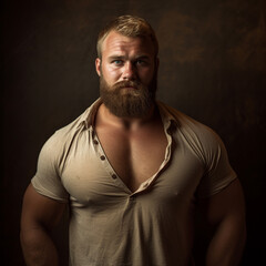 Obraz premium portrait of blond mature man, beefy rotund handsome male persona. style, elegant, crew cut, full beard, smile. gentle, loving, kind, tender guy. earth tones, dark background.