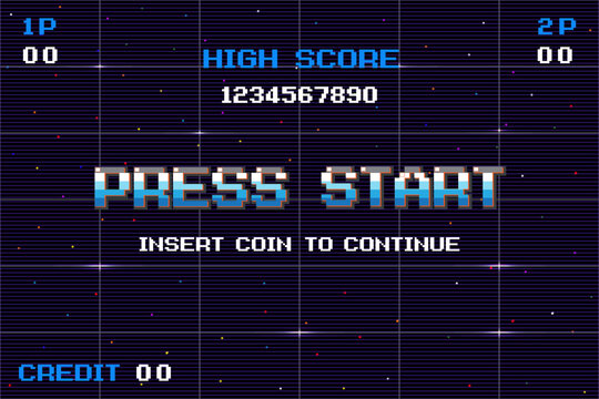 PRESS START INSERT A COIN TO CONTINUE .pixel art .8 bit game. retro game. for game assets .Retro Futurism Sci-Fi Background. glowing neon grid. and stars from vintage arcade computer games